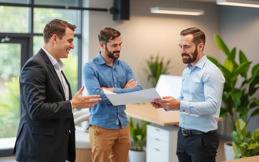 Zdjęcie przedstawiające założycieli Naturalnezdrowiehub, dyskutujących nad planami rozwoju w nowoczesnym, ekologicznym biurze, z zielonymi roślinami w tle.