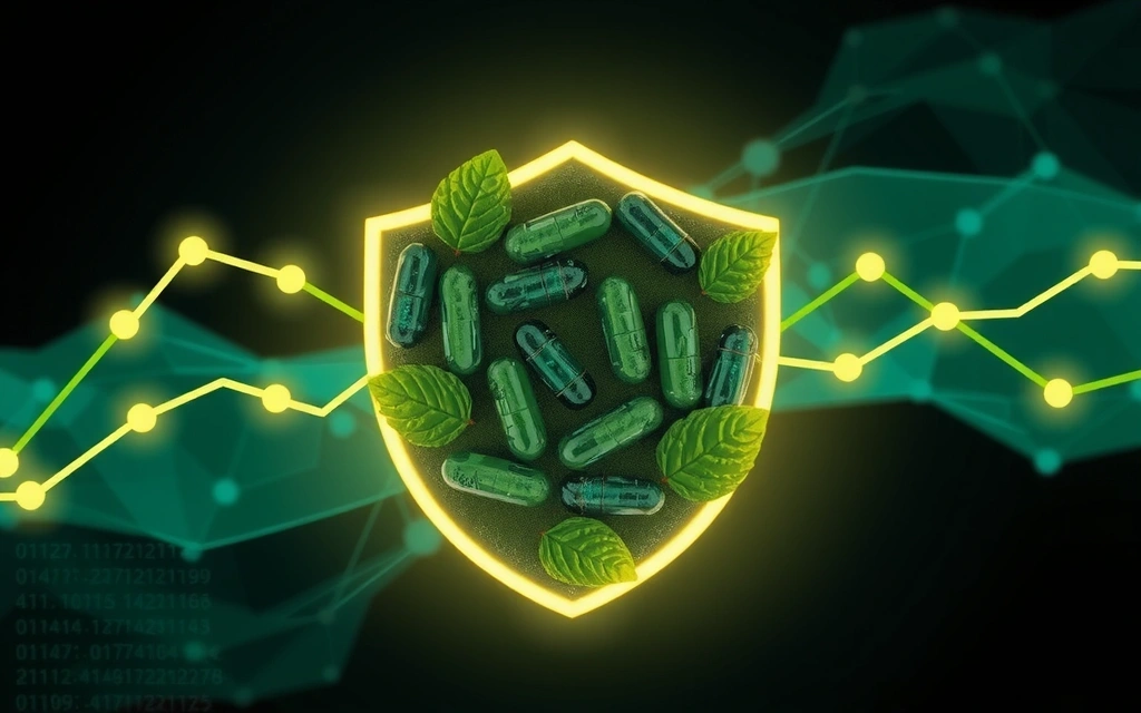 Ilustracja przedstawiająca tarczę ochronną z liściem i witaminami, symbolizującą ochronę danych osobowych i zdrowie.