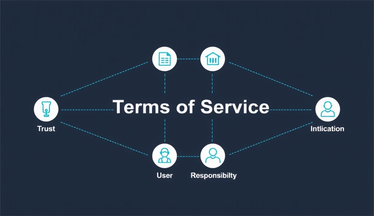 Diagram przedstawiający zasady korzystania z serwisu, z ikonami symbolizującymi zaufanie, edukację i odpowiedzialność użytkownika.
